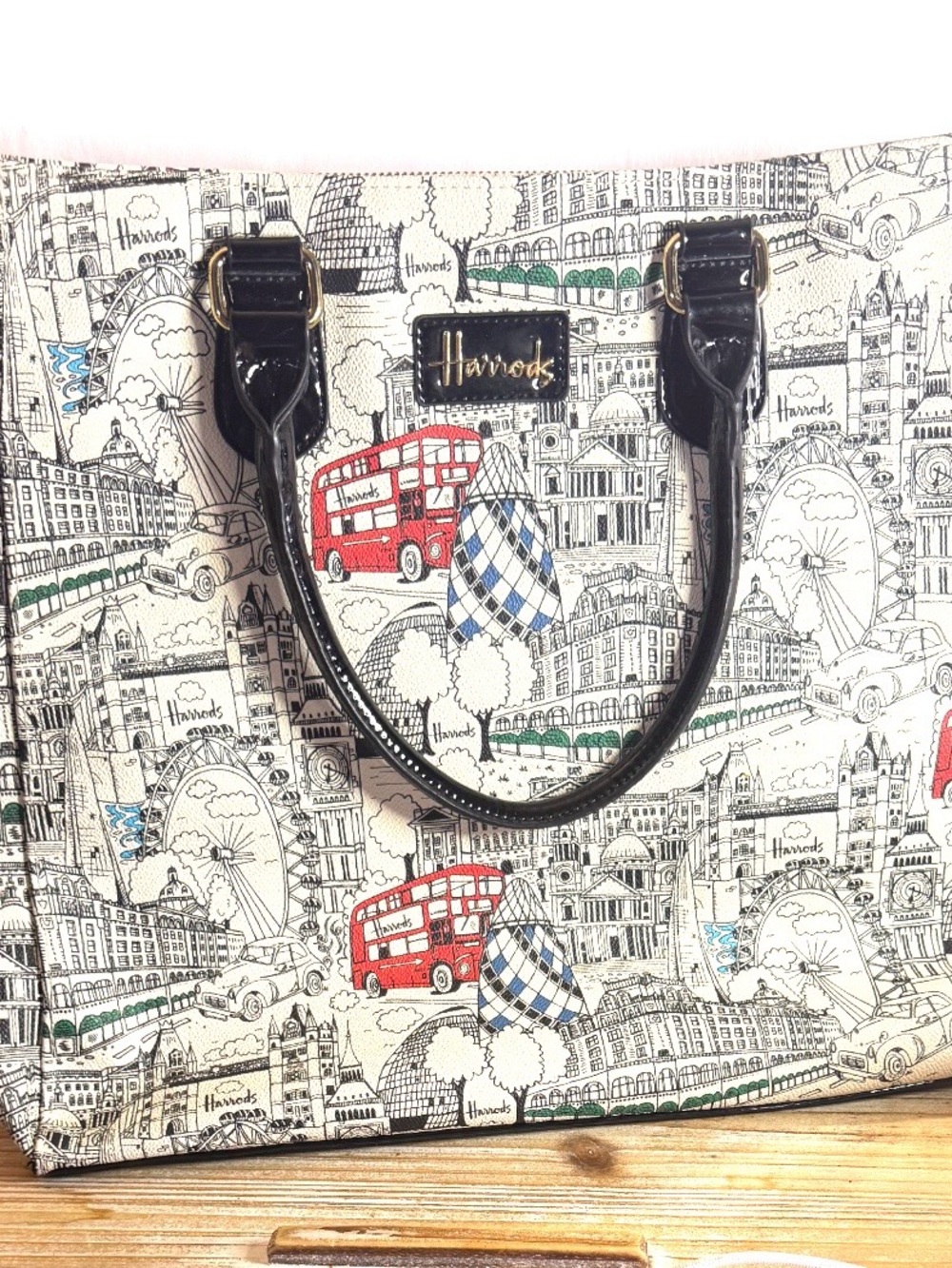 Harrods White Canvas London Print Tote with Red Bus and Black Handles